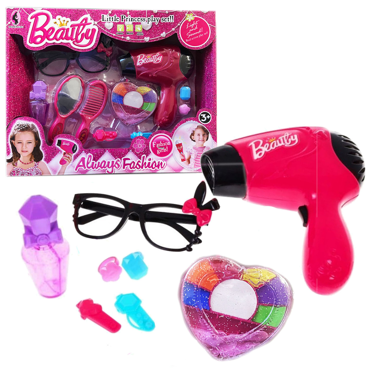 ZESTAW PIĘKNOŚCI DLA DZIEWCZYNKI SUSZARKA 10 AKCESORIÓW DO WŁOSÓW OKULARY