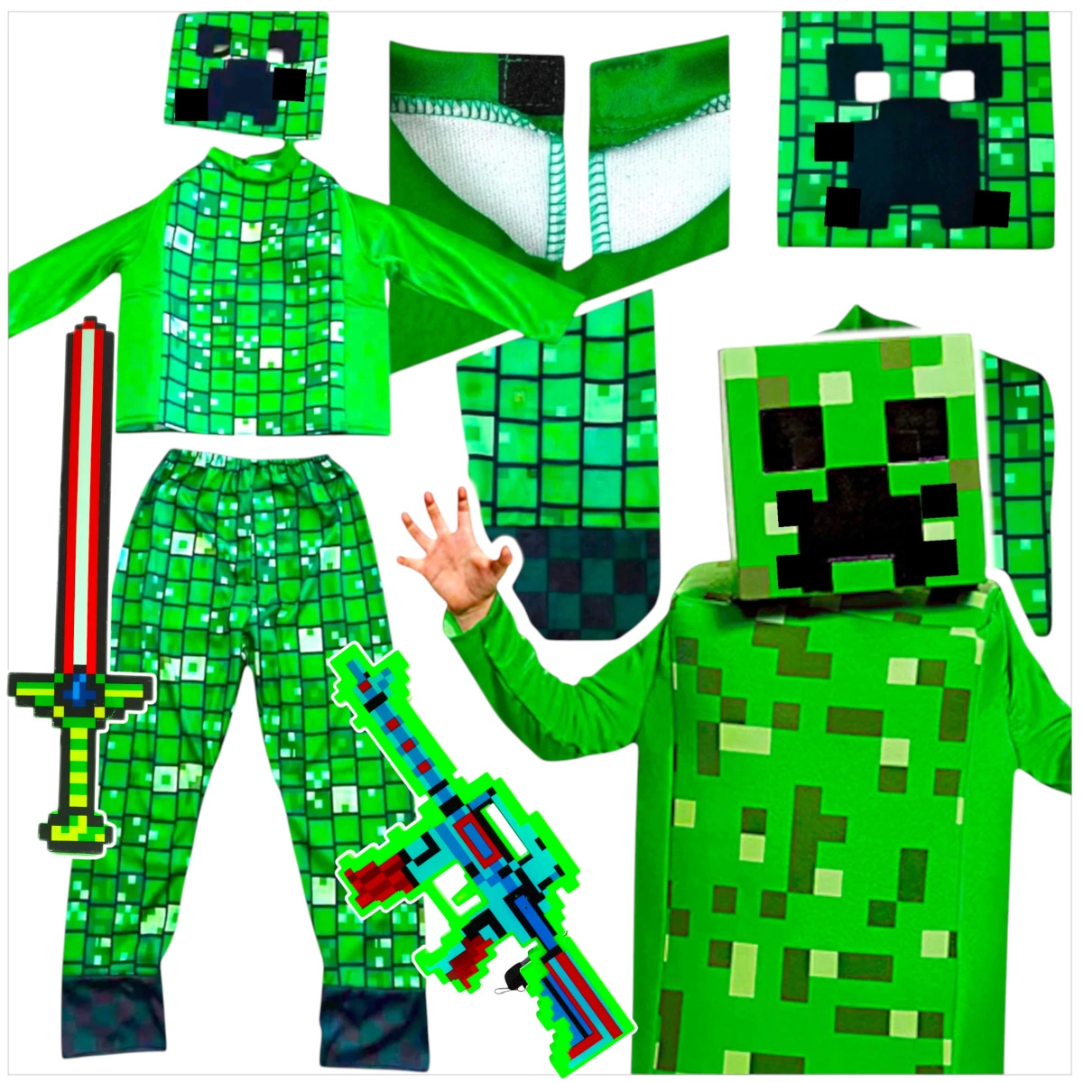 MINECRAFT Strój dla chłopca CREEPER / kostium na bal rozmiar L 130-140 cm + miecz + karabin