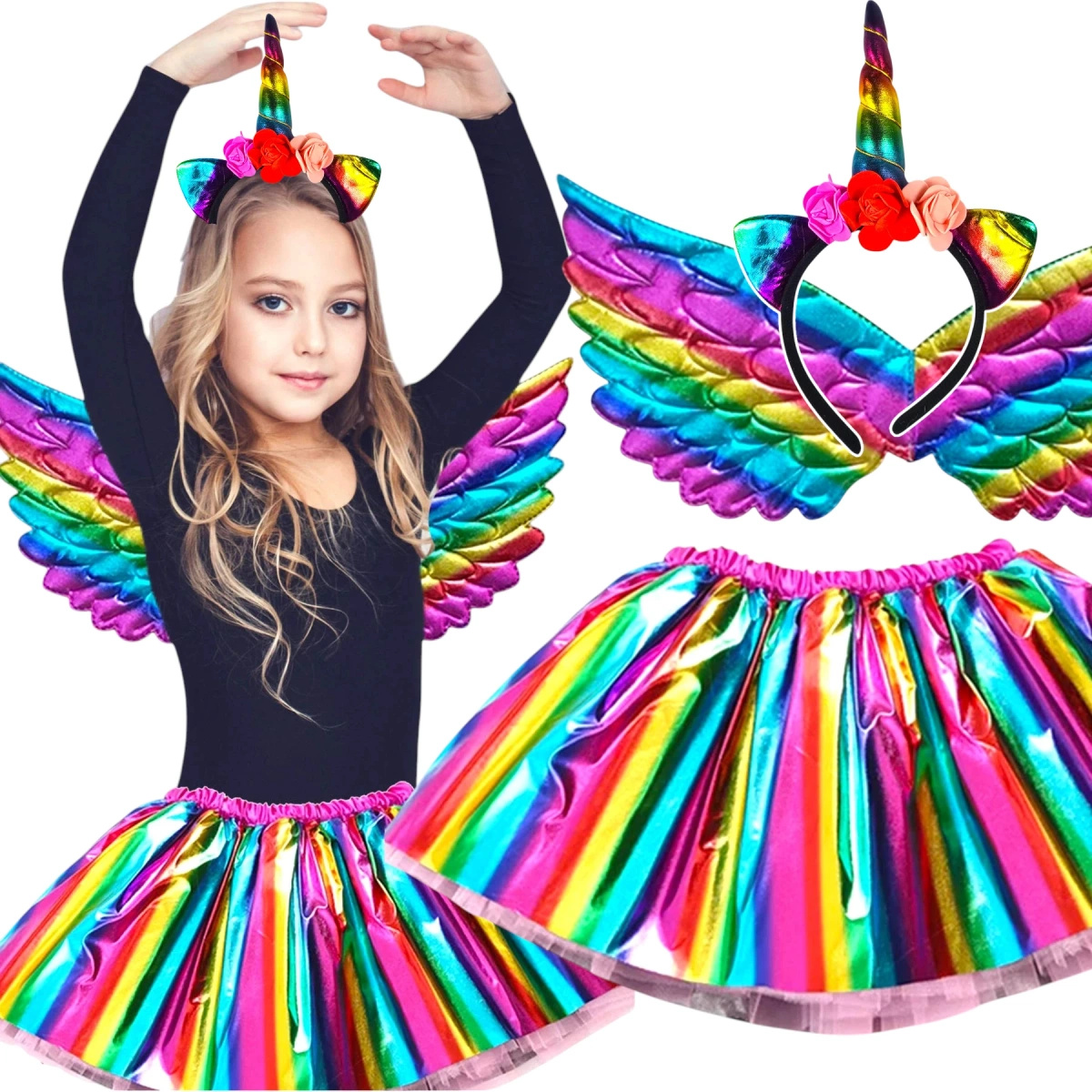 MAGICZNY STRÓJ JEDNOROŻEC DLA DZIEWCZNKI NA BAL SKRZYDŁA OPASKA SPÓDNICZKA