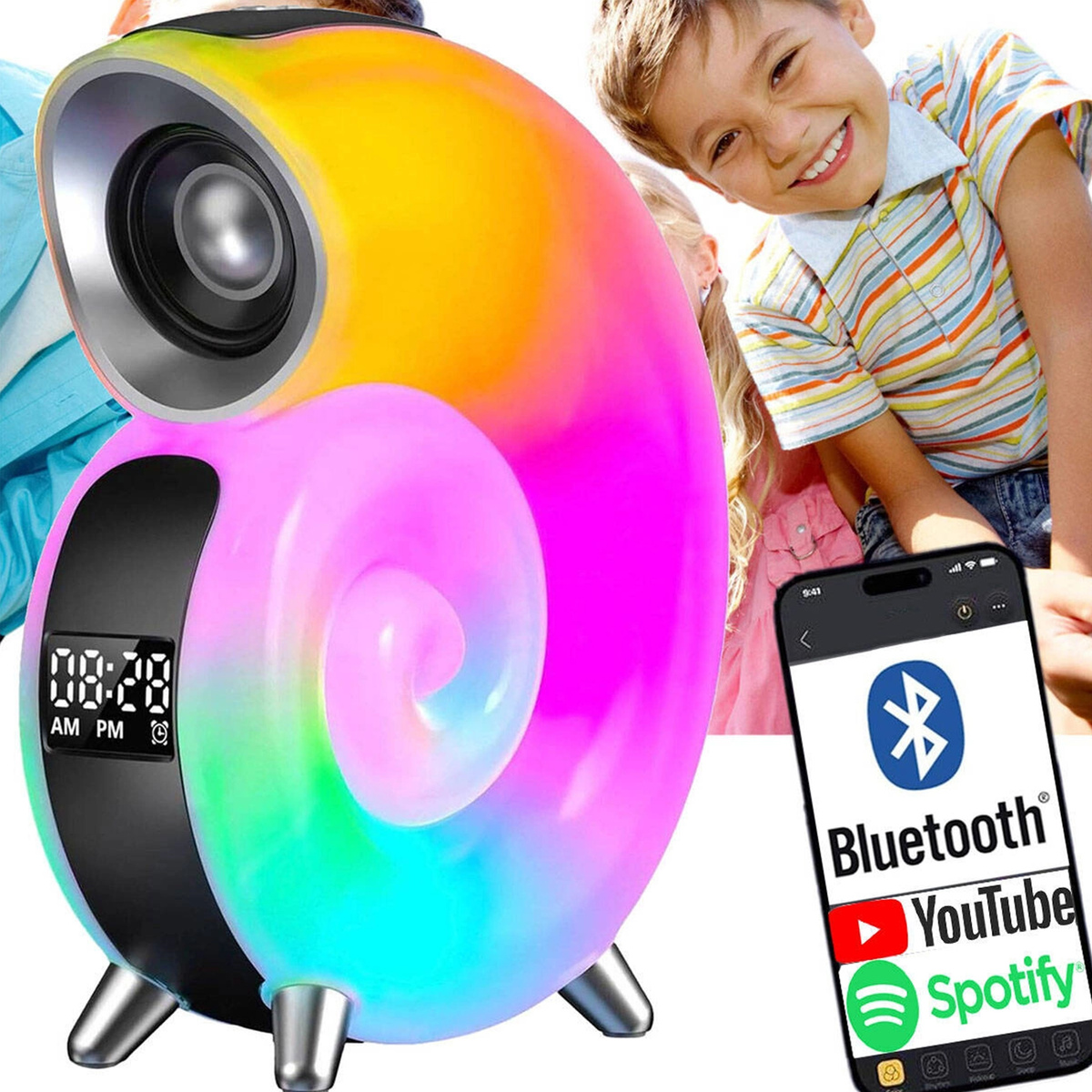 LAMPKA NOCNA LED ŚLIMAK RGB BLUETOOTH ZEGAR RADIO GŁOŚNIK APLIKACJA 