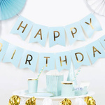 GIRLANDA URODZINOWA Z NAPISEM HAPPY BIRTHDAY BŁĘKITNA ZŁOTE NAPISY 200cm