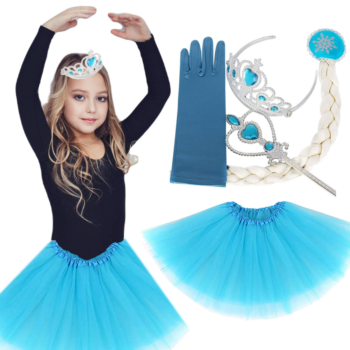STRÓJ LODOWA KSIĘŻNICZKA LODU ELSA KOSTIUM ZESTAW 5w1 DIADEM WARKOCZ NA BAL