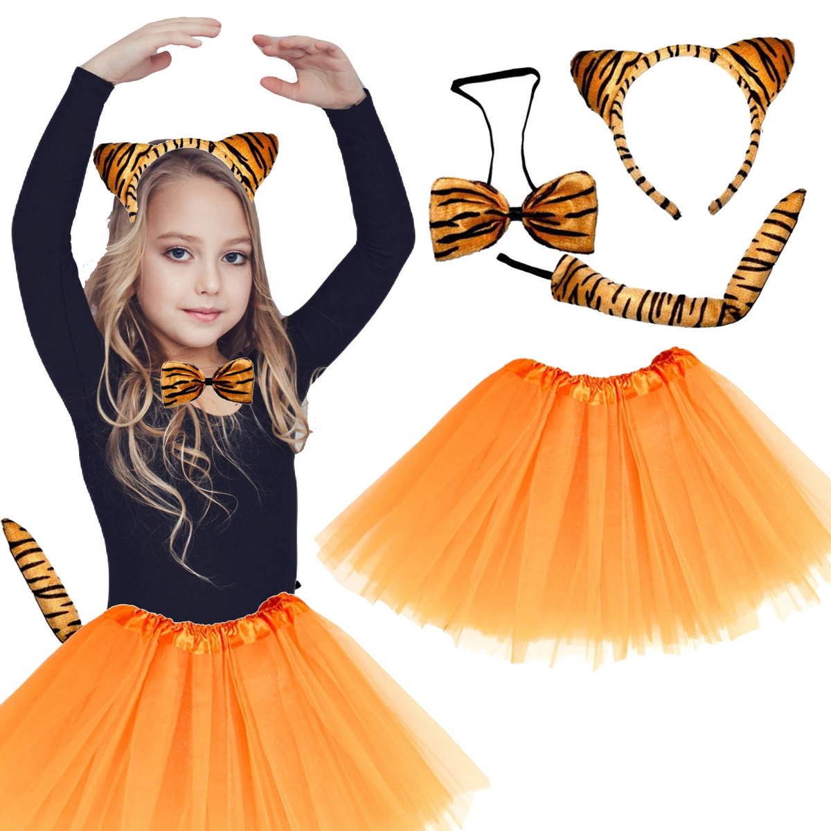 STRÓJ TYGRYSEK DLA DZIEWCZYNKI 4w1 SPÓDNICZKA OPASKA OGONEK KOSTIUM NA BAL 
