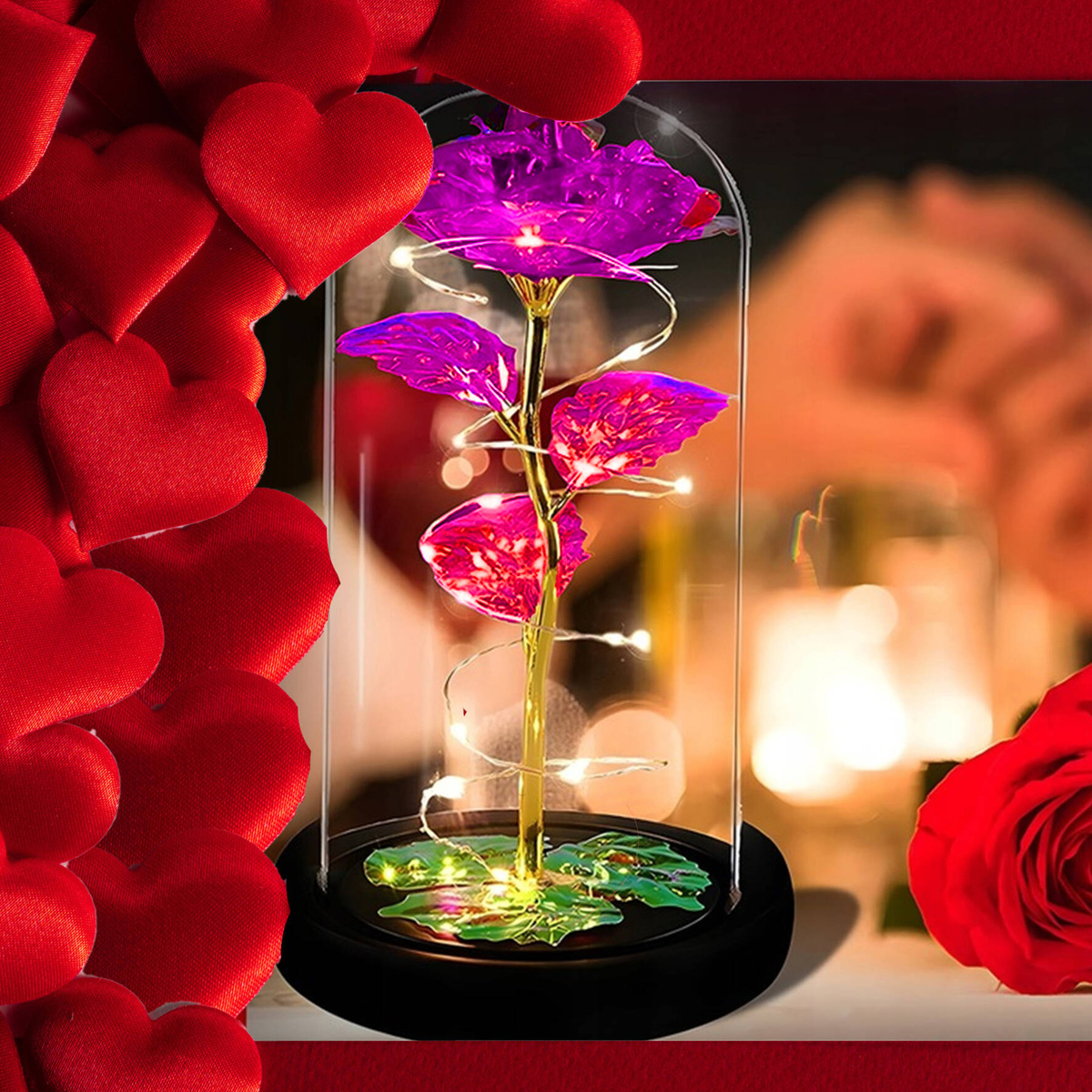 WIECZNA RÓŻA W SZKLE ŚWIECĄCA ŚWIECI LED FLOWERBOX BUKIET KWIATY NA PREZENT