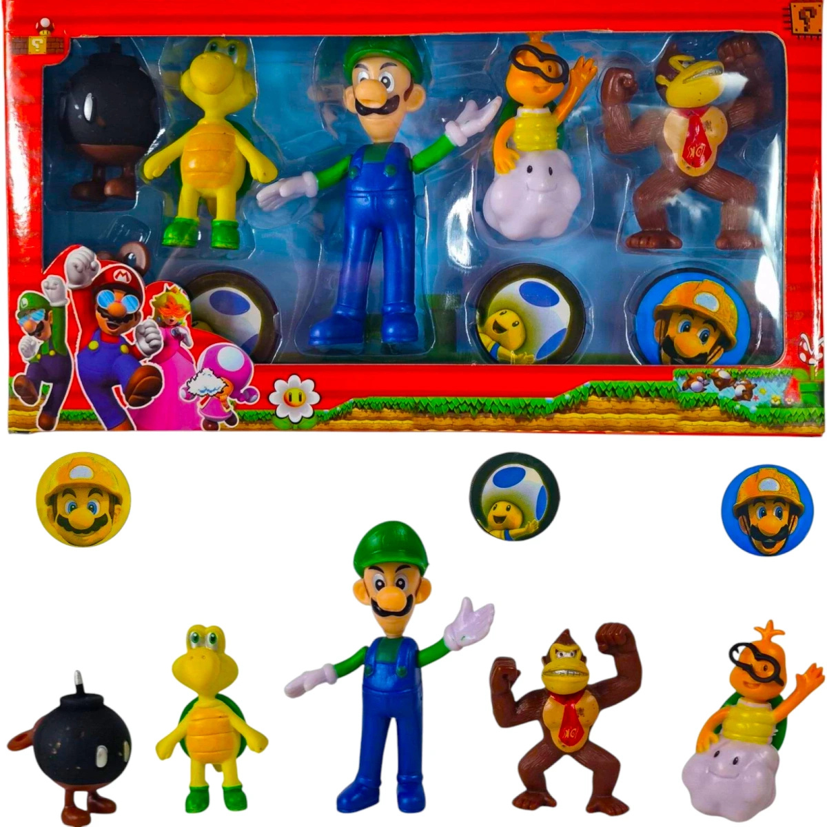 SUPER MARIO BROS FIGURKI ZESTAW 5 FIGUREK 3 ŻETONY FIGURKA LUIGI DONKEY