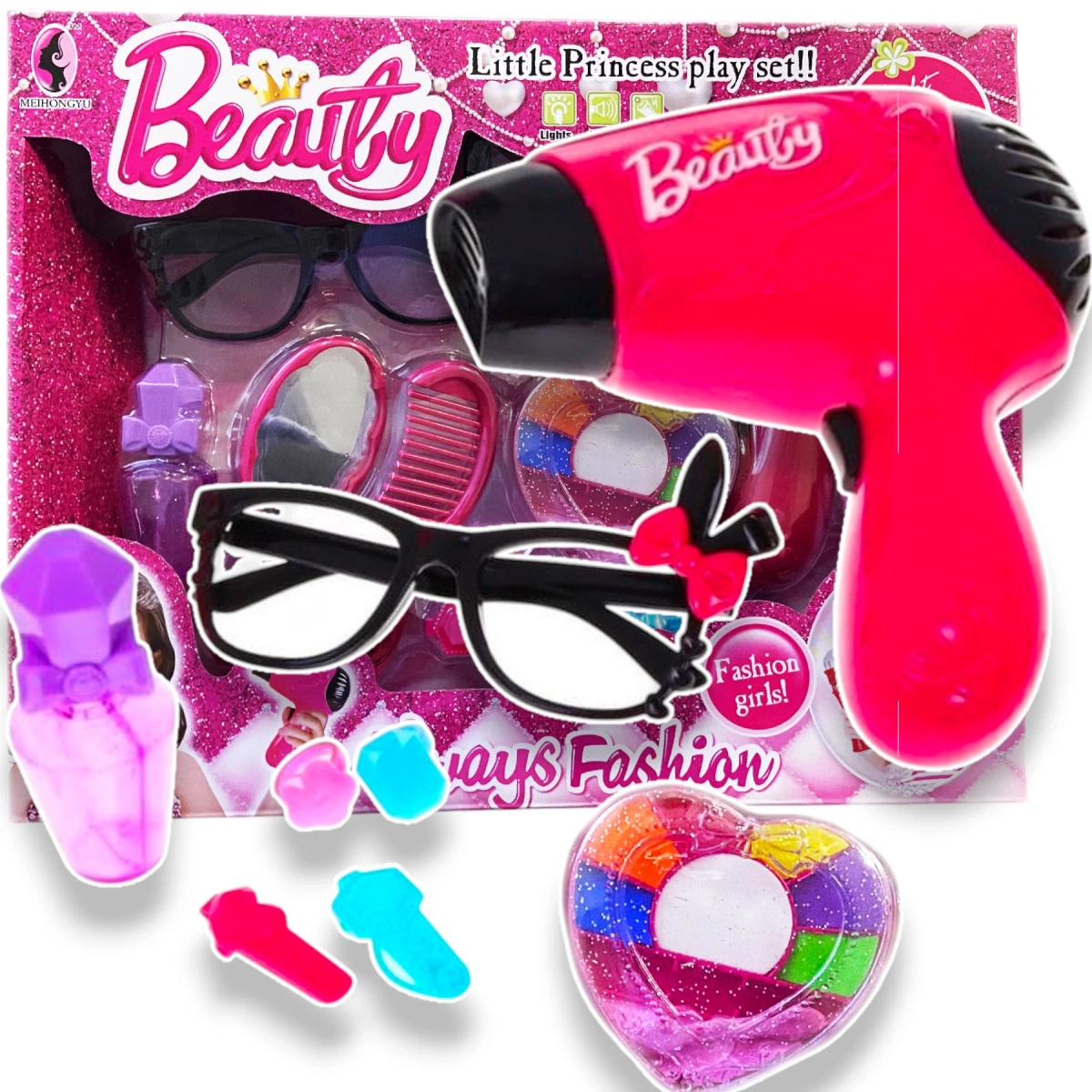 ZESTAW PIĘKNOŚCI DLA DZIEWCZYNKI SUSZARKA 10 AKCESORIÓW DO WŁOSÓW OKULARY