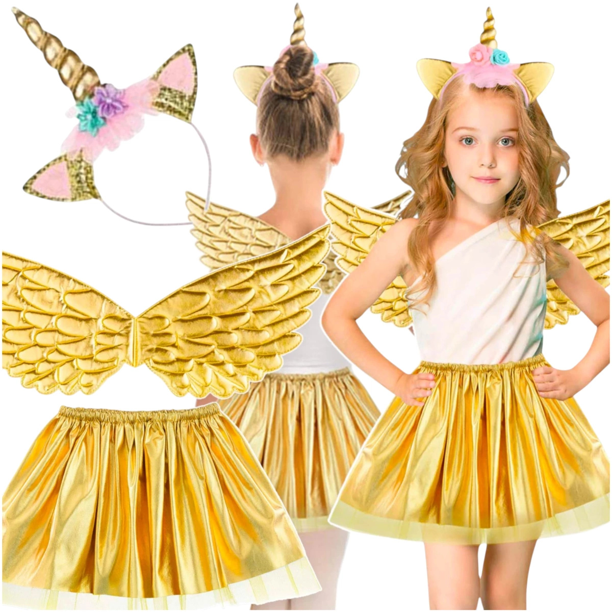 MAGICZNY STRÓJ JEDNOROŻEC DLA DZIEWCZNKI NA BAL SKRZYDŁA OPASKA SPÓDNICZKA