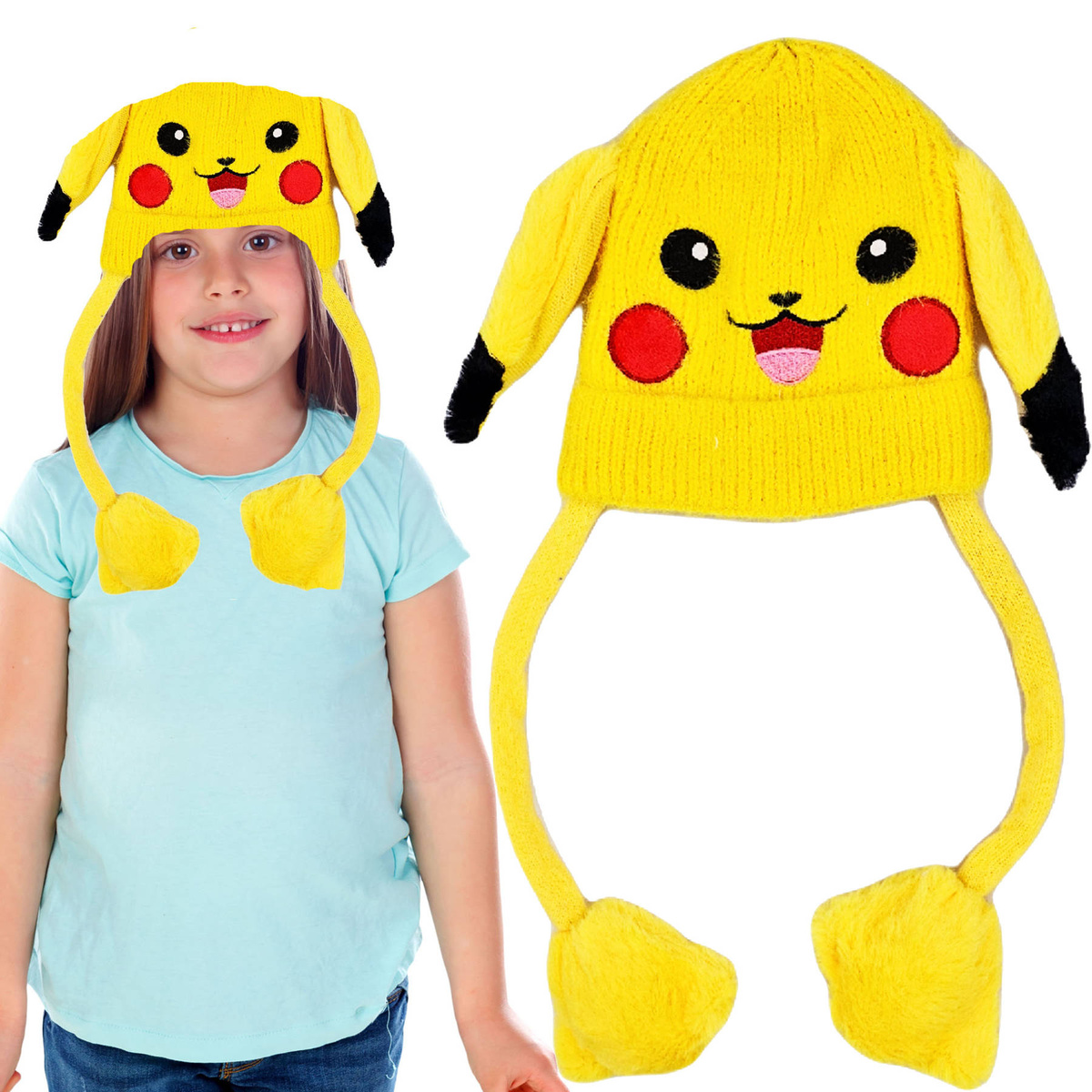 ZIMOWA CZAPKA PIKACHU GRUBA Z RUCHOMYMI USZAMI ŁAPKI POKEMON CIEPŁA NA ZIMĘ
