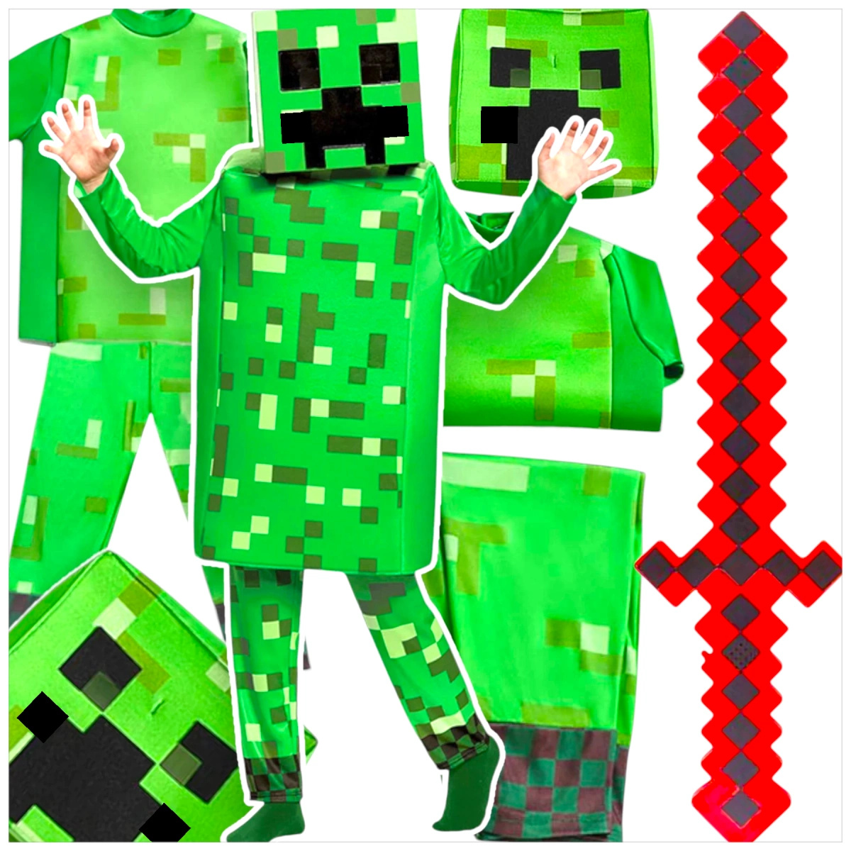 MINECRAFT Strój dla chłopca CREEPER / kostium na bal rozmiar S 110-120 cm + miecz