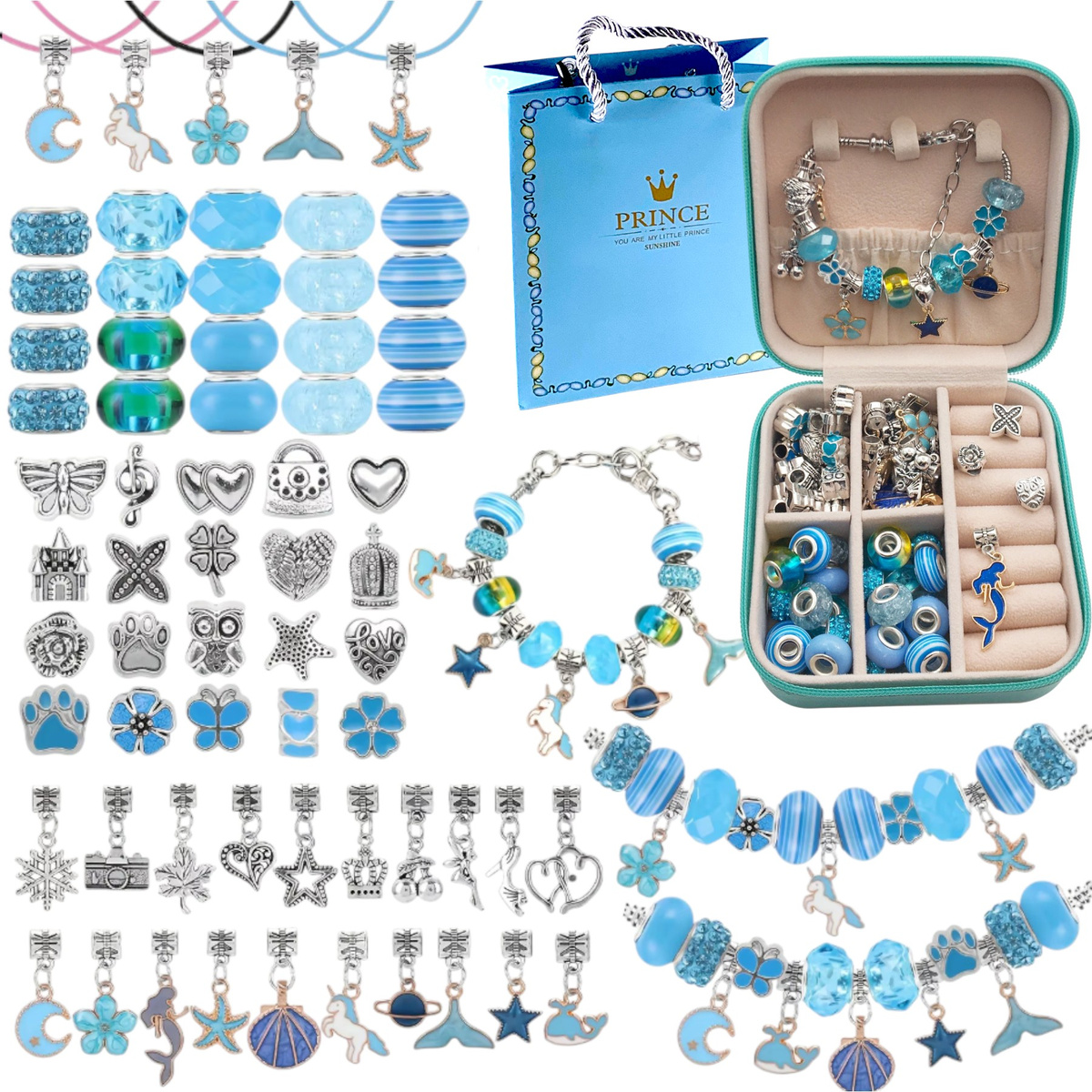 Zestaw do Robienia Bransoletek Koraliki Biżuterii Prezent Zawieszki Kuferek - NIEBIESKI