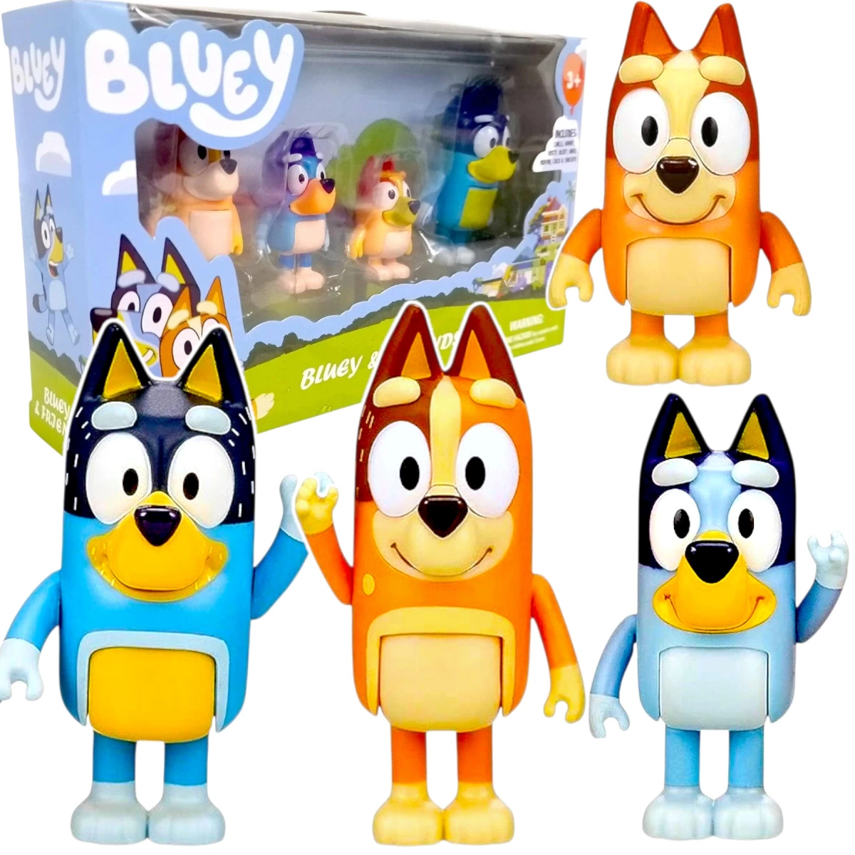 BLUEY ZESTAW 4 FIGUREK RODZINKA FIGURKI BINGO CHILI BANDIT MAMA PREZENT 8CM