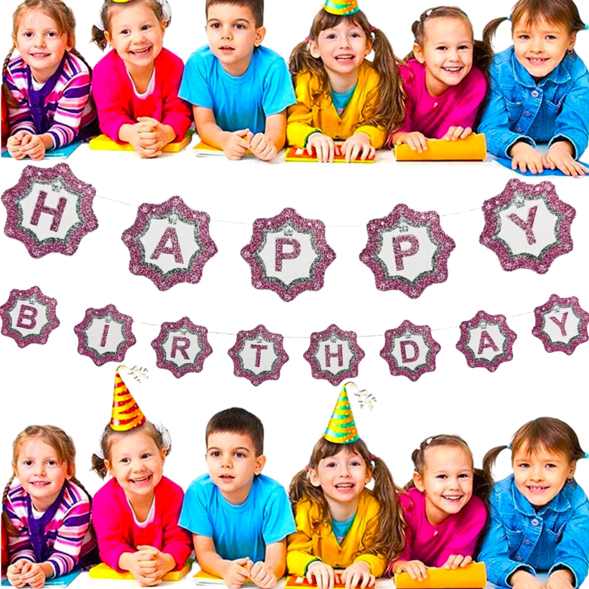 GIRLANDA URODZINOWA Z NAPISEM HAPPY BIRTHDAY RÓŻOWA Z BROKATEM NAPISY 200cm