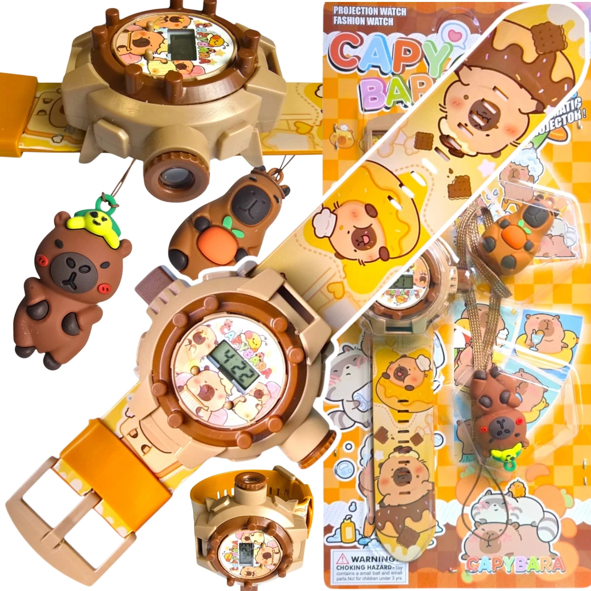 ZEGAREK 3D Z PROJEKTOREM DLA DZIECI KAPIBARA + BRELOCZEK CAPYBARA WYŚWIETLA