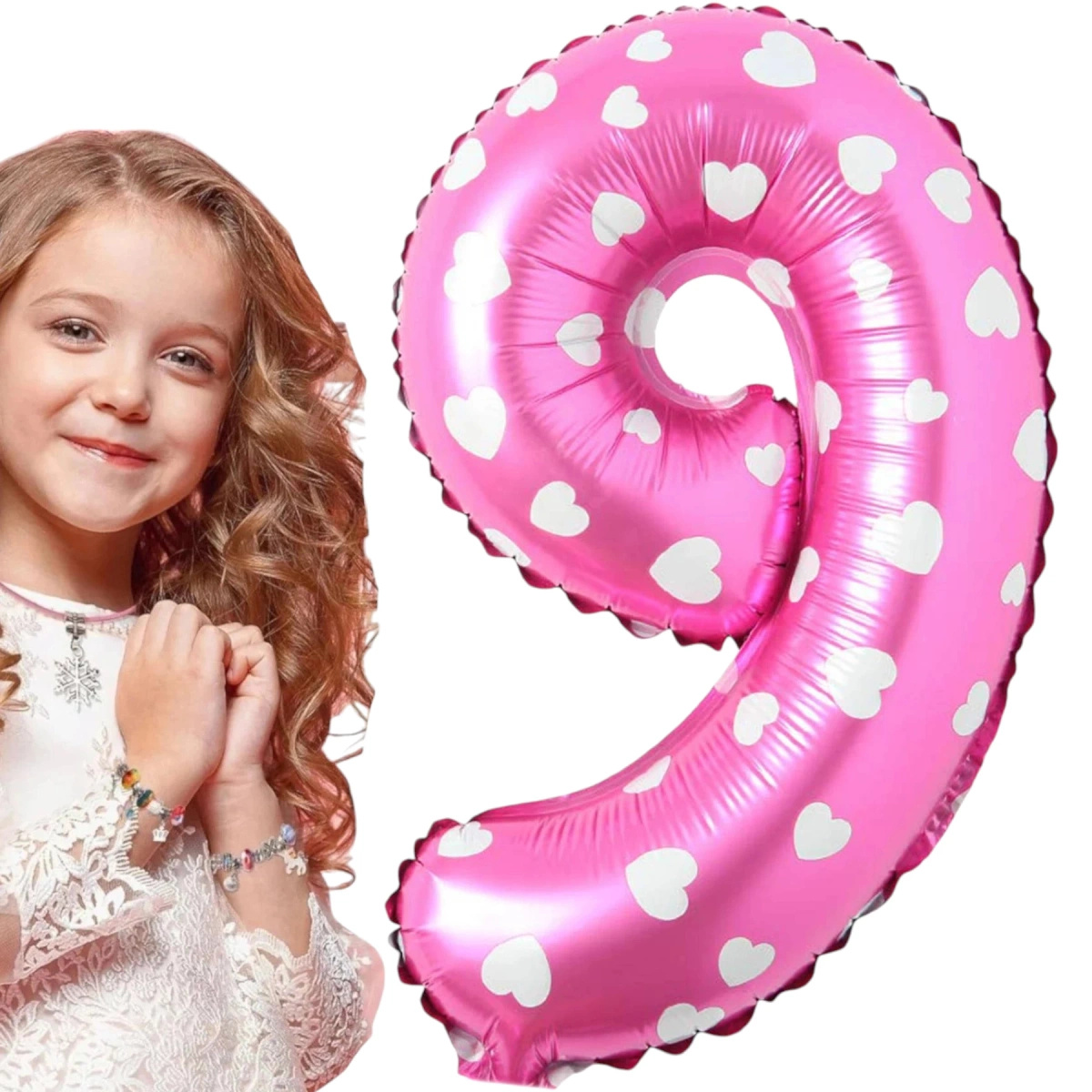 BALON FOLIOWY CYFRA 9 RÓŻOWY W SERDUSZKA NA URODZINY DLA DZIECI 80cm