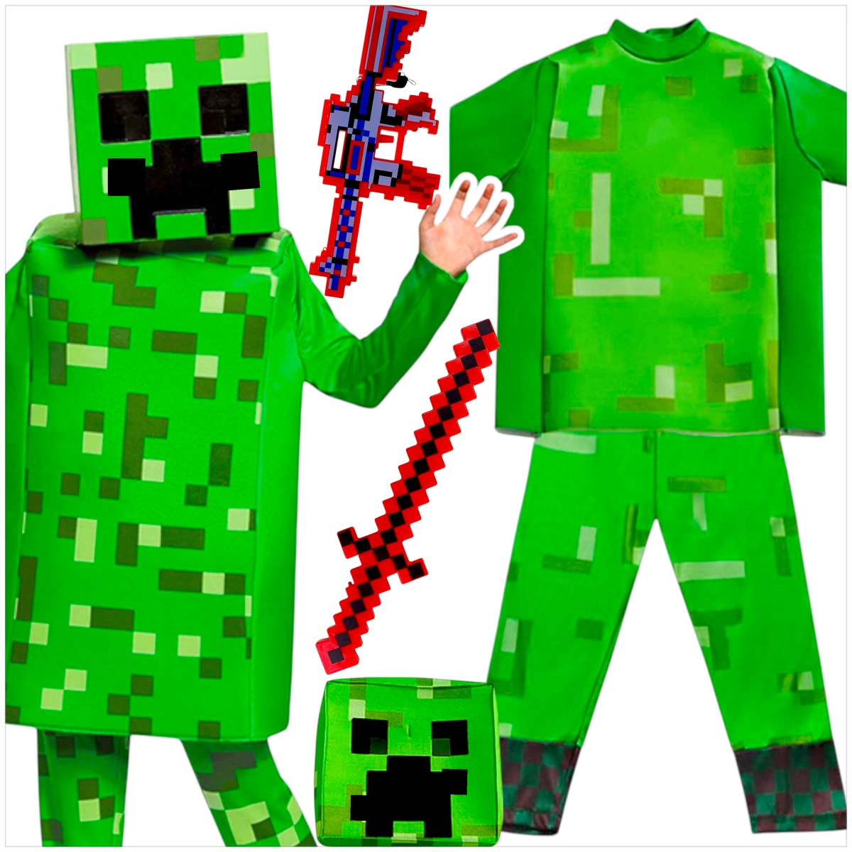 MINECRAFT Strój dla chłopca CREEPER / kostium na bal rozmiar M 120-130 cm + miecz + karabin