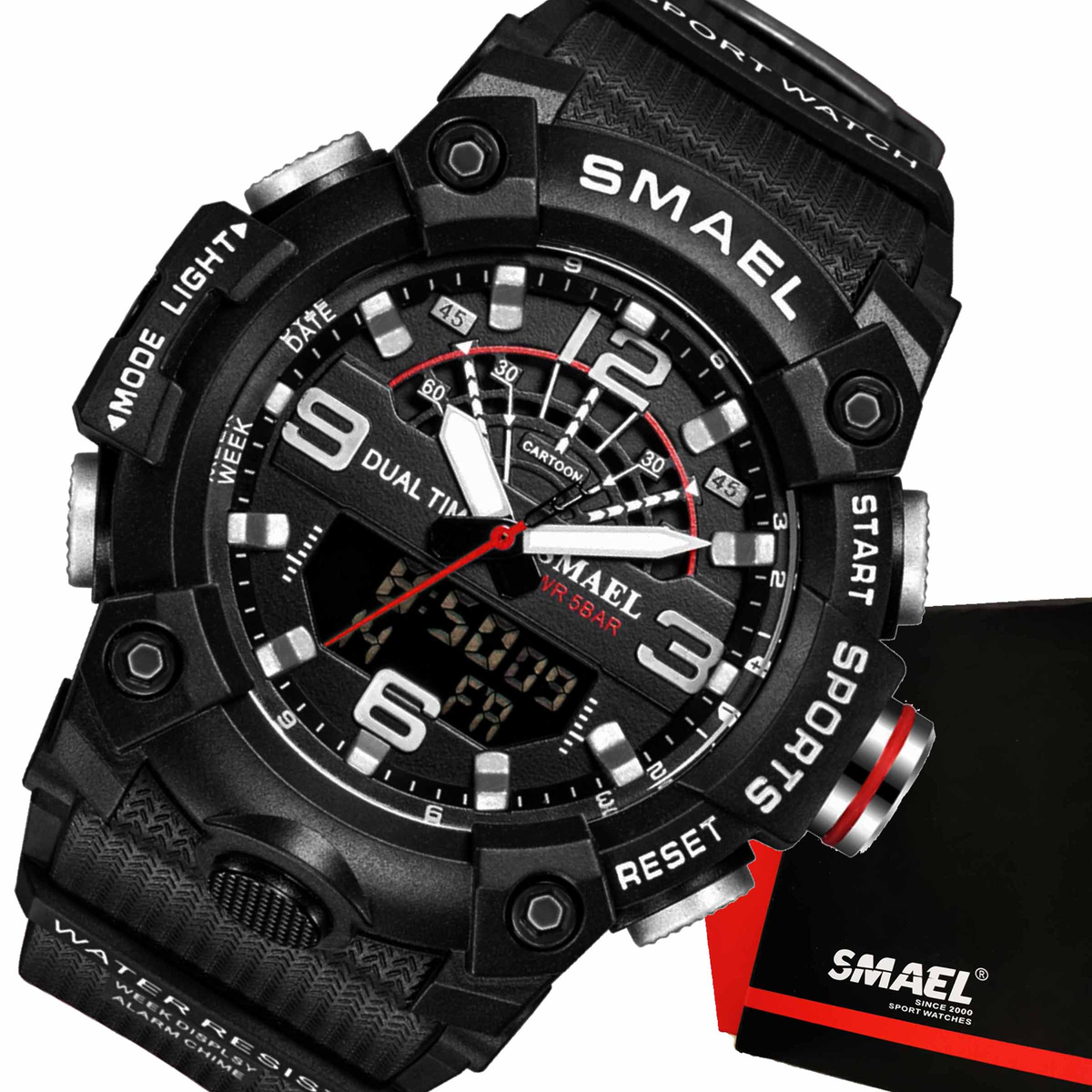 MODNY MĘSKI SPORTOWY ZEGAREK SMAEL STOPER BUDZIK MOCNY WODOODPORNY KOLORY