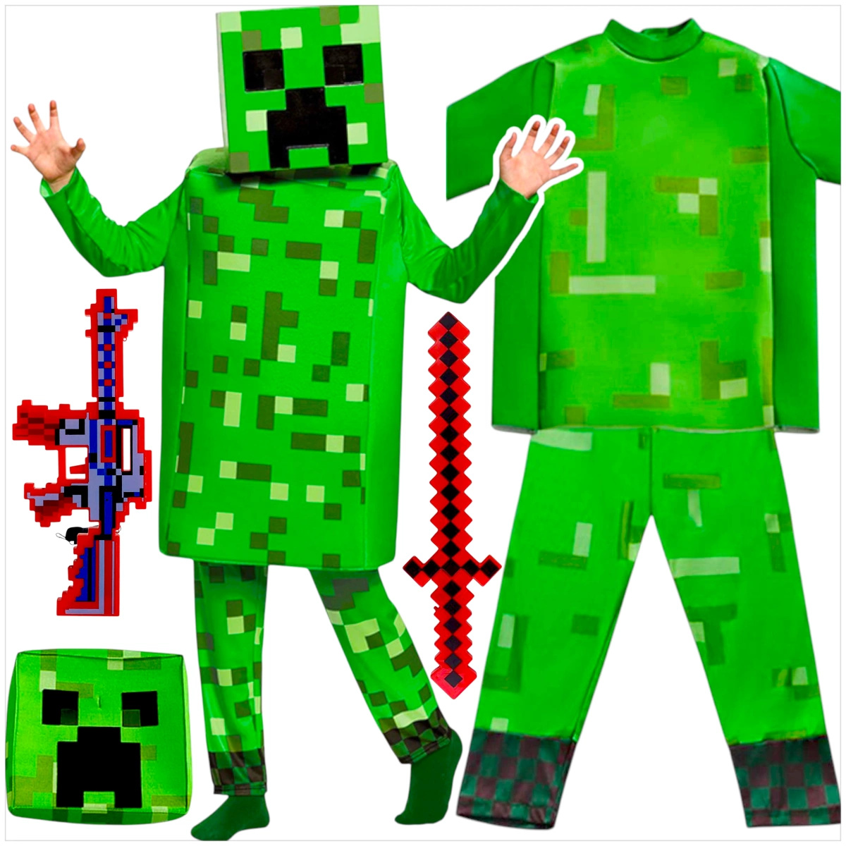 MINECRAFT Strój dla chłopca CREEPER / kostium na bal rozmiar L 130-140 cm + miecz + karabin
