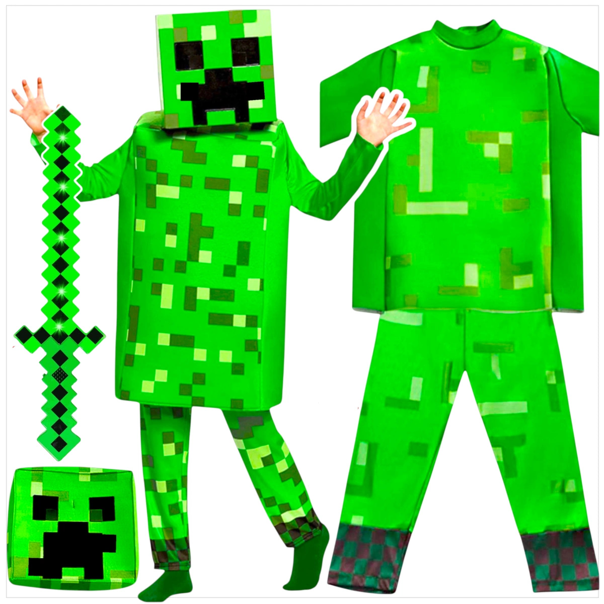 MINECRAFT Strój dla chłopca CREEPER / kostium na bal rozmiar S 110-120 cm + miecz + karabin