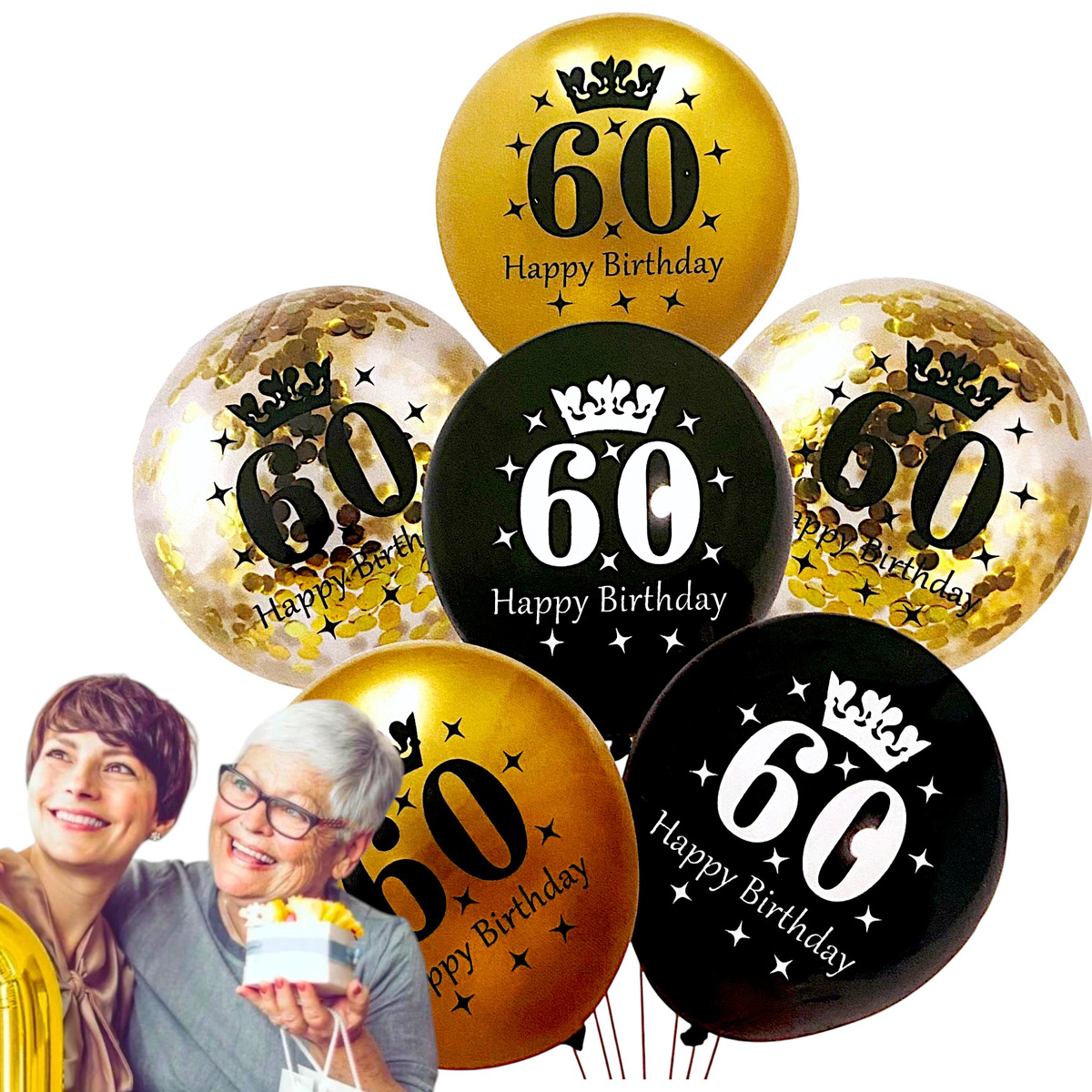 ZESTAW BALONÓW NA 60 URODZINY CZARNO ZŁOTE KONFETTI BALONY ZESTAW 6szt 