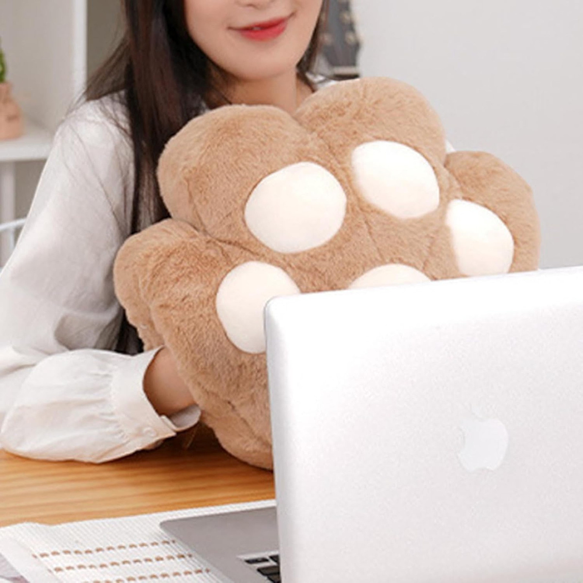 DUŻA MIĘKKA PLUSZOWA PODUSZKA KOCIA ŁAPKA Z KOCEM 3w1 OGRZEWACZ DO RĄK 40CM