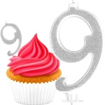 ŚWIECZKA URODZINOWA NA TORT CYFRA 9 SREBRNA Z BROKATEM 13cm DEKORACJA