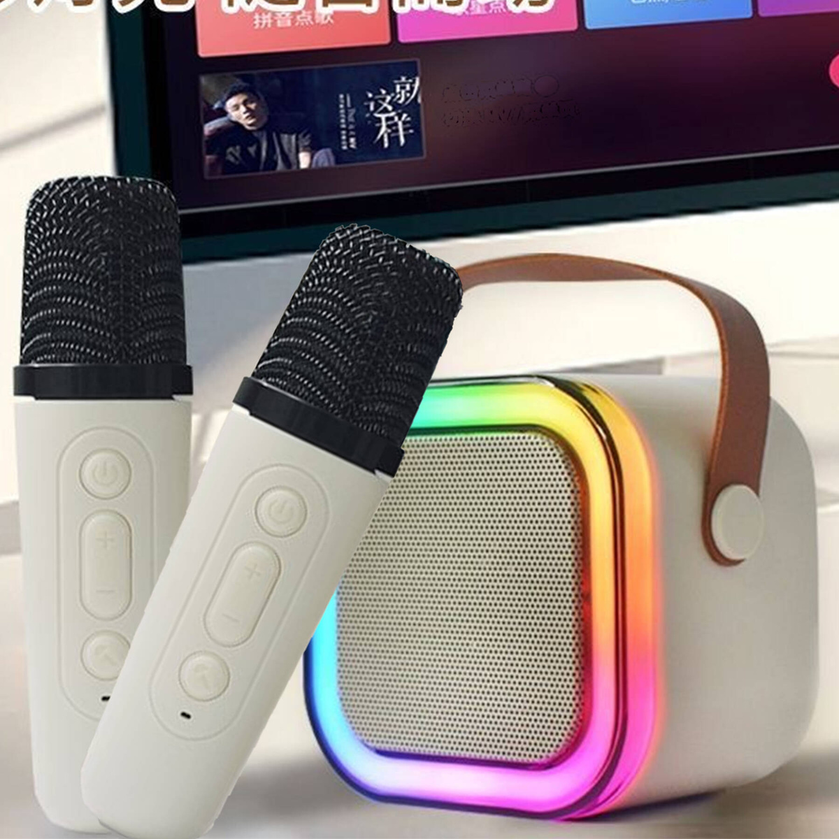 GŁOŚNIK BLUETOOTH PRZENOŚNE KARAOKE LAMPKA RGB 2 MIKROFONY USB SD MINI JACK