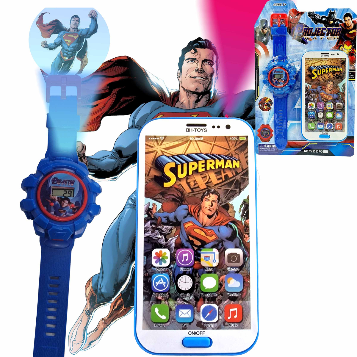SUPERMAN ZESTAW  SMARTFON ZEGAREK PROJEKTOR 3D WYŚWIETLA OBRAZ NA PREZENT  