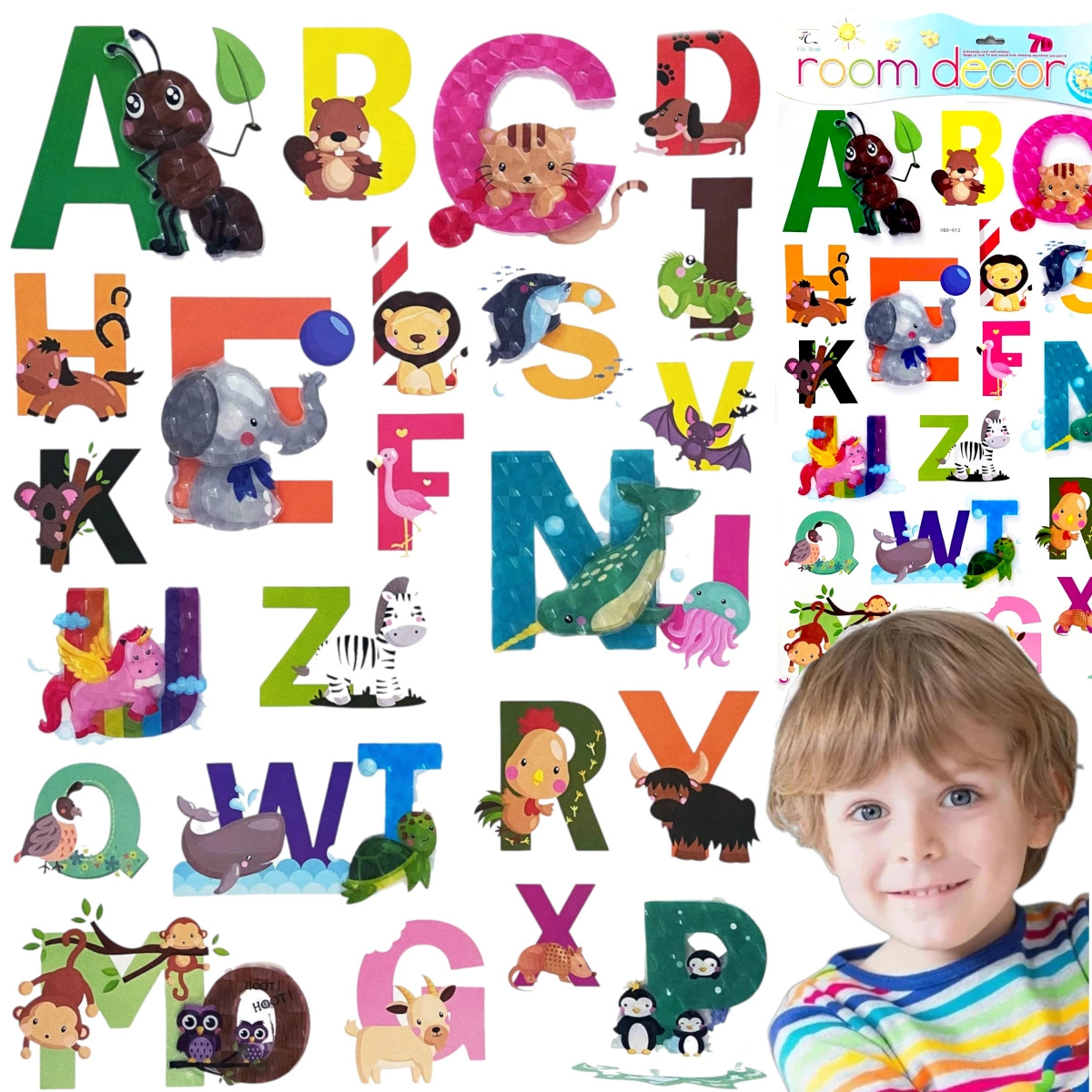 NAKLEJKI ŚCIENNE 3D DLA DZIECI ALFABET ZWIERZĘTA OZDOBA POKOJU NA ŚCIANĘ