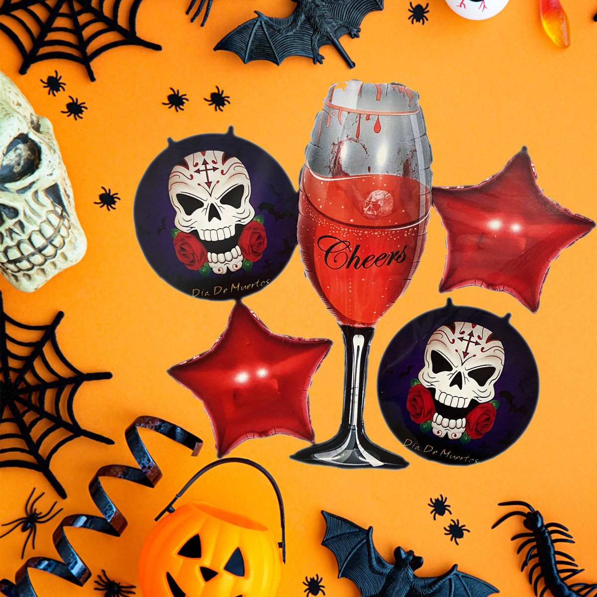 BALONY NA HALLOWEEN ZESTAW 5 BALONÓW CZASZKI SZAMPAN KIELICH IMPREZA 18+