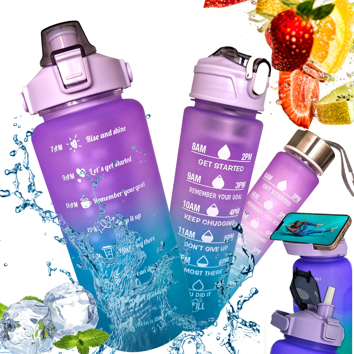 ZESTAW 3 BIDONÓW BUTELKA MOTYWACYJNA DO WODY OZNACZENIE CZASU 2L 09L 03L