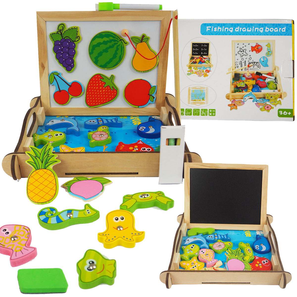 DREWNIANA TABLICA DWUSTRONNA PISANIE ŁOWIENIE RYBEK WĘDKI RYBKI OWOCE 