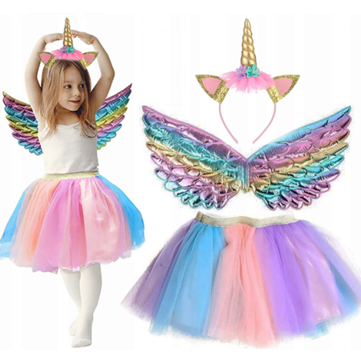 STRÓJ JEDNOROŻEC ZESTAW 3w1 SKRZYDŁA OPASKA SPÓDNICZKA TĘCZOWA KOLOROWA 