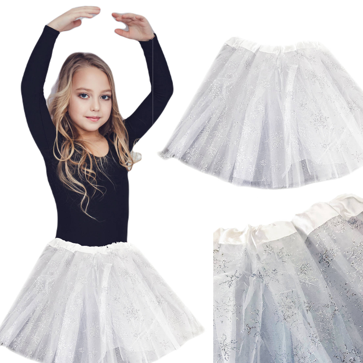 Tiulowa Spódniczka Biała z płatkami śniegu 30cm