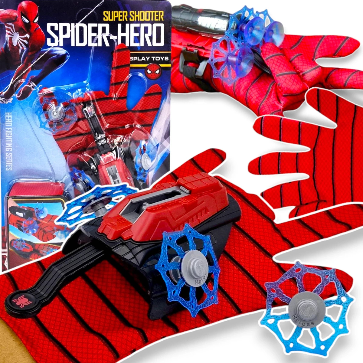 RĘKAWICA SPIDERMANA WYRZUTNIA SIECI STRZAŁKI RĘKAWICZKA PRZEBRANIE ZABAWKA