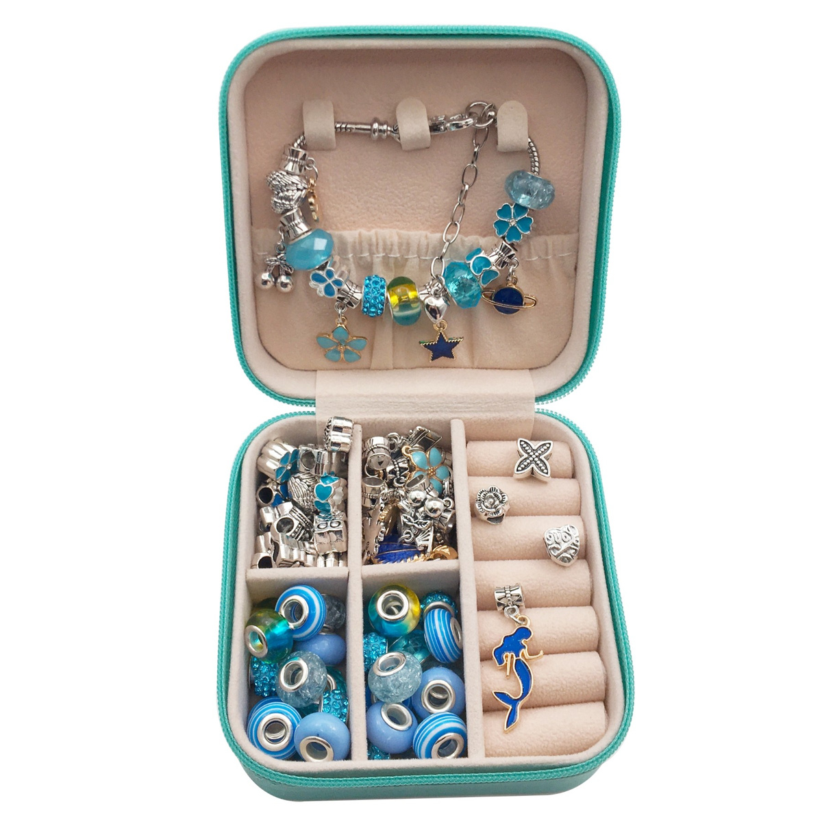 Zestaw do Robienia Bransoletek Koraliki Biżuterii Prezent Zawieszki Kuferek - NIEBIESKI