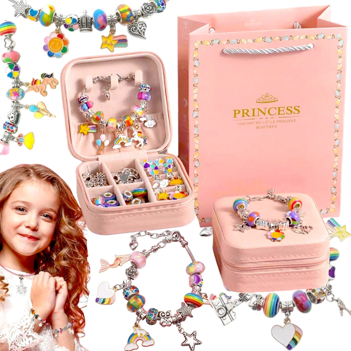 Zestaw do Robienia Bransoletek Koraliki Biżuterii Prezent Zawieszki Kuferek