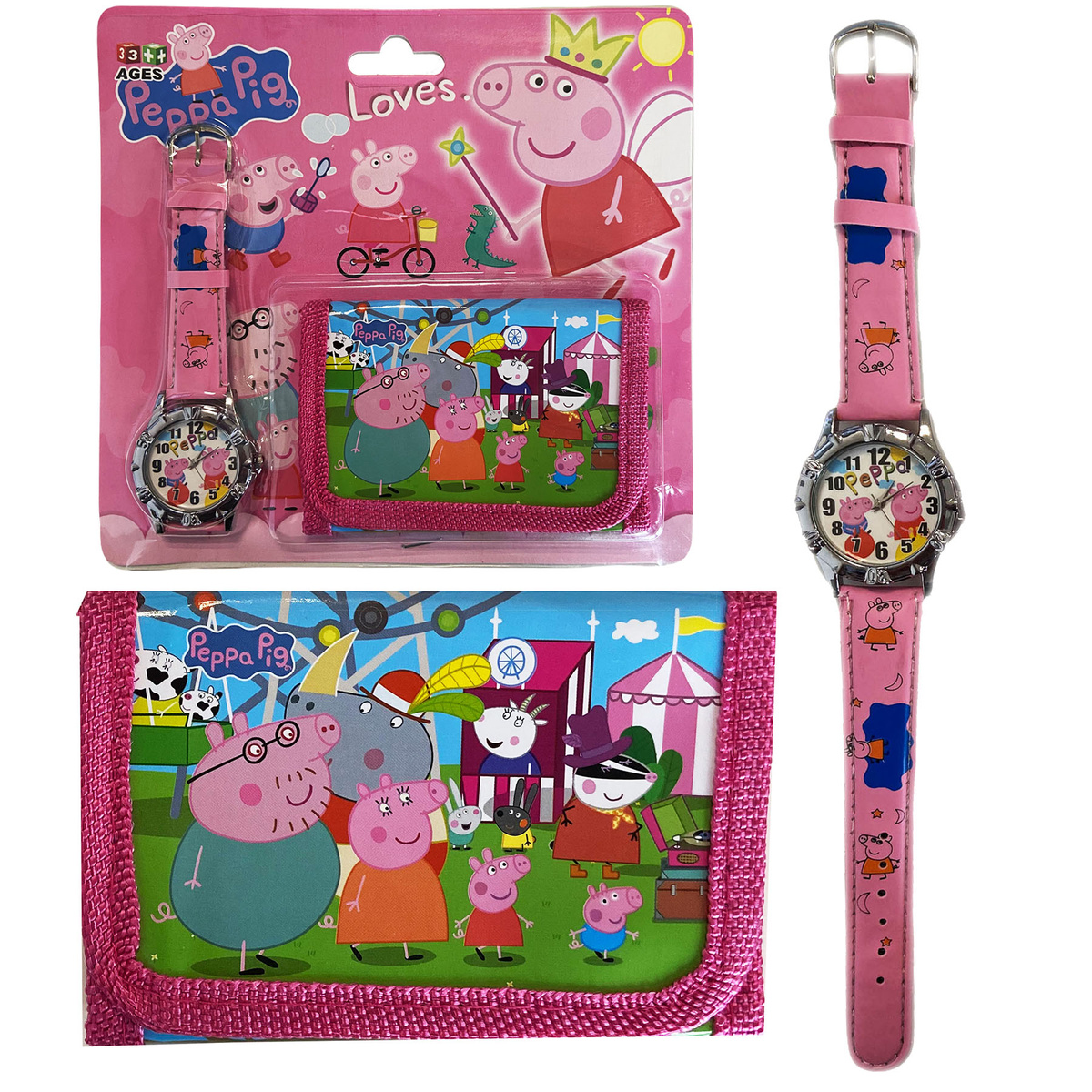 SUPER ZESTAW DLA DZIEWCZYNKI ZEGAREK + PORTFELIK ŚWINKA PEPPA EKO SKÓRA 2W1