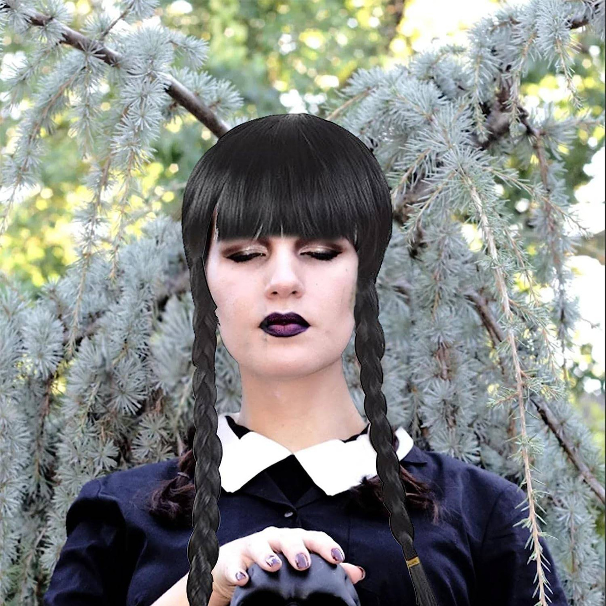 PERUKA WEDNESDAY ADDAMS WŁOSY COSPLAY WARKOCZE Z GRZYWKĄ 60CM NA IMPREZĘ