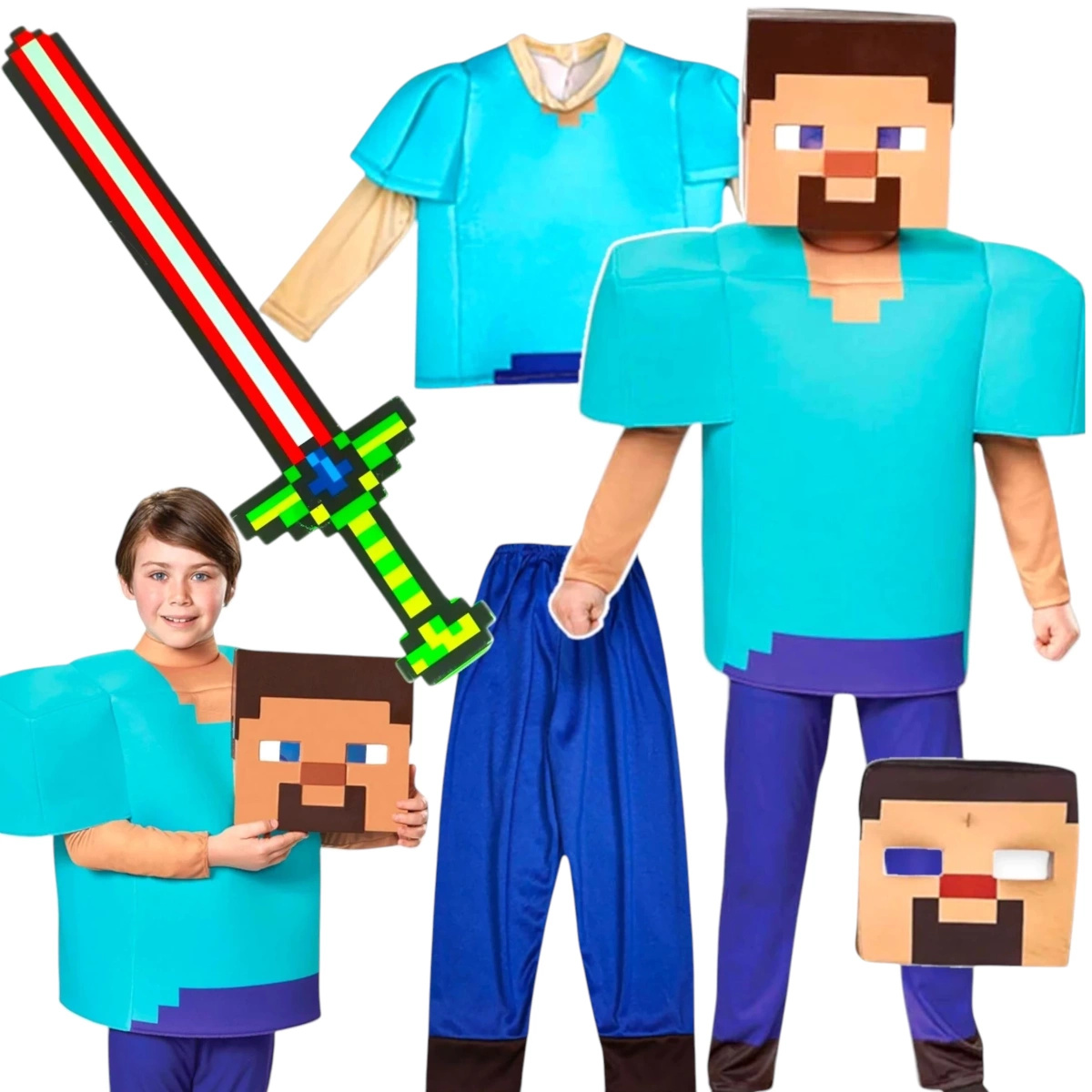 MINECRAFT Strój dla chłopca STEVE / kostium na bal rozmiar S 110-120 cm + miecz