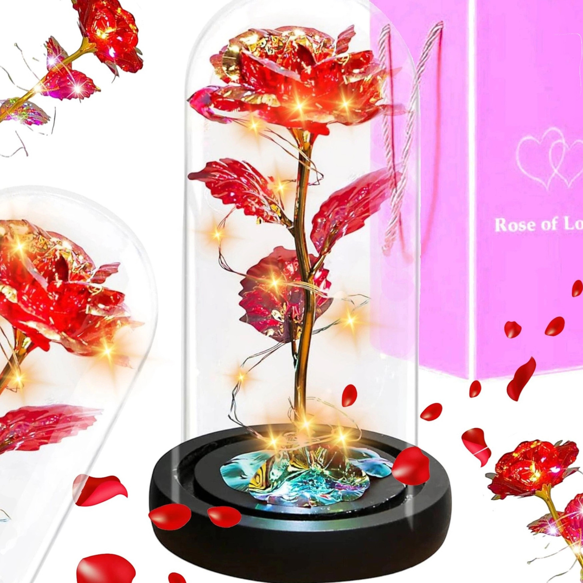 WIECZNA RÓŻA W SZKLE ŚWIECĄCA ŚWIECI LED FLOWERBOX BUKIET KWIATY NA PREZENT