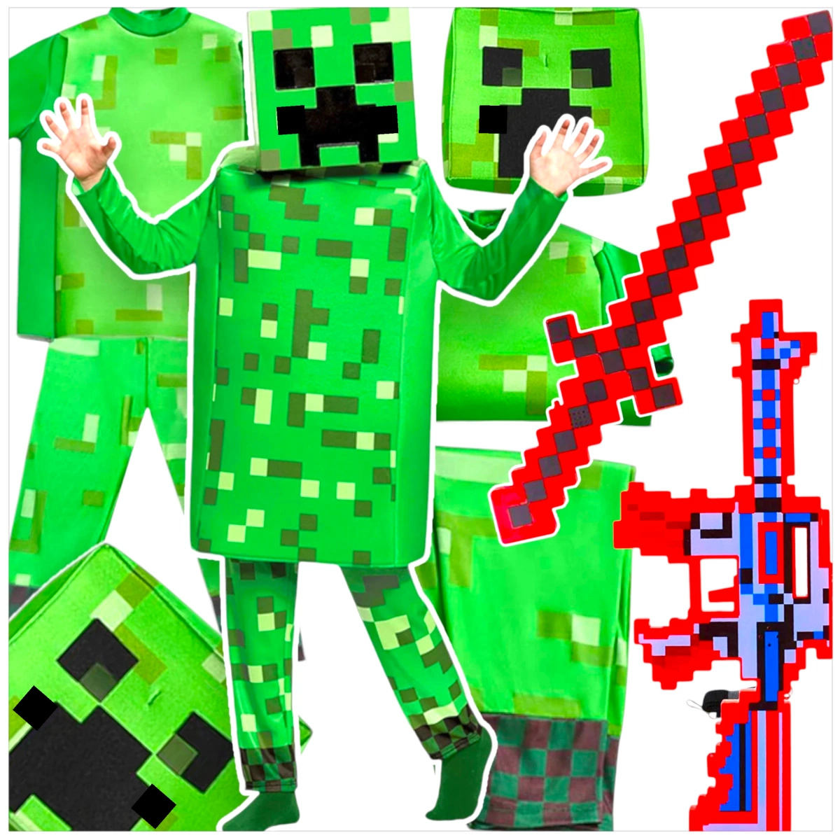 MINECRAFT Strój dla chłopca CREEPER / kostium na bal rozmiar S 110-120 cm + miecz + karabin