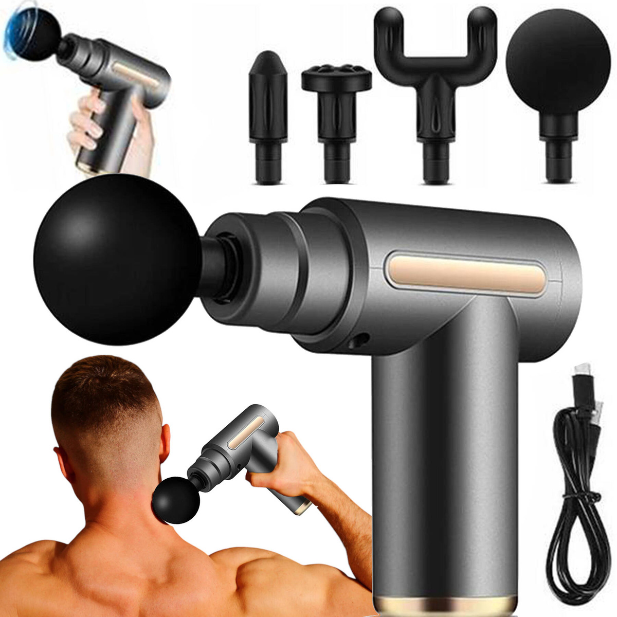 MOCNY PISTOLET DO MASAŻU PLECÓW CIAŁA STÓP 4 KOŃCÓWKI MASAŻER 24W USB 