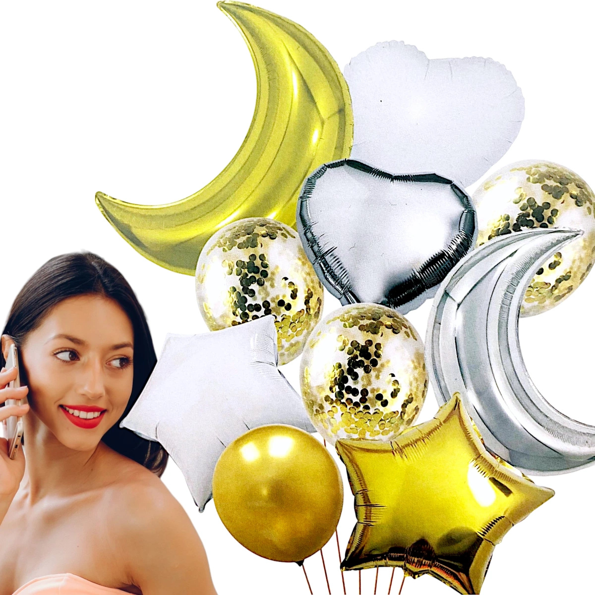 ZESTAW BALONÓW GWIAZDY KSIĘŻYC SERCE KONFETTI 10SZT BALONY BIAŁO ZŁOTE 