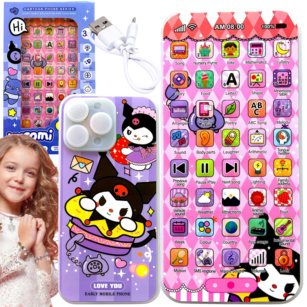 KUROMI - SMARTFON DLA DZIECI DOTYKOWY 3D TELEFON INTERAKTYWNY ŚWIECI GRA 