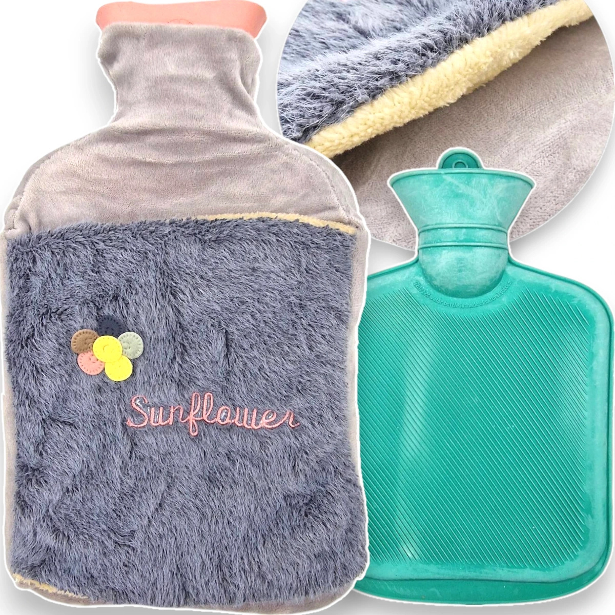 DUŻY TERMOFOR GUMOWY W SWETERKU POKROWIEC PLUSZOWY OGRZEWACZ 2 LITRY CIEPŁY