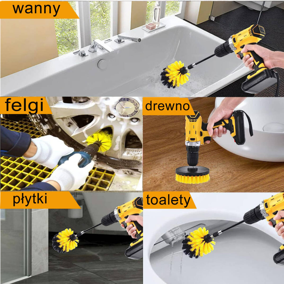 SZCZOTKI SPRZĄTAJĄCE CZYSZCZĄCE NA WIERTARKĘ WKRĘTARKĘ PADY SZCZOTKA 3 SZT