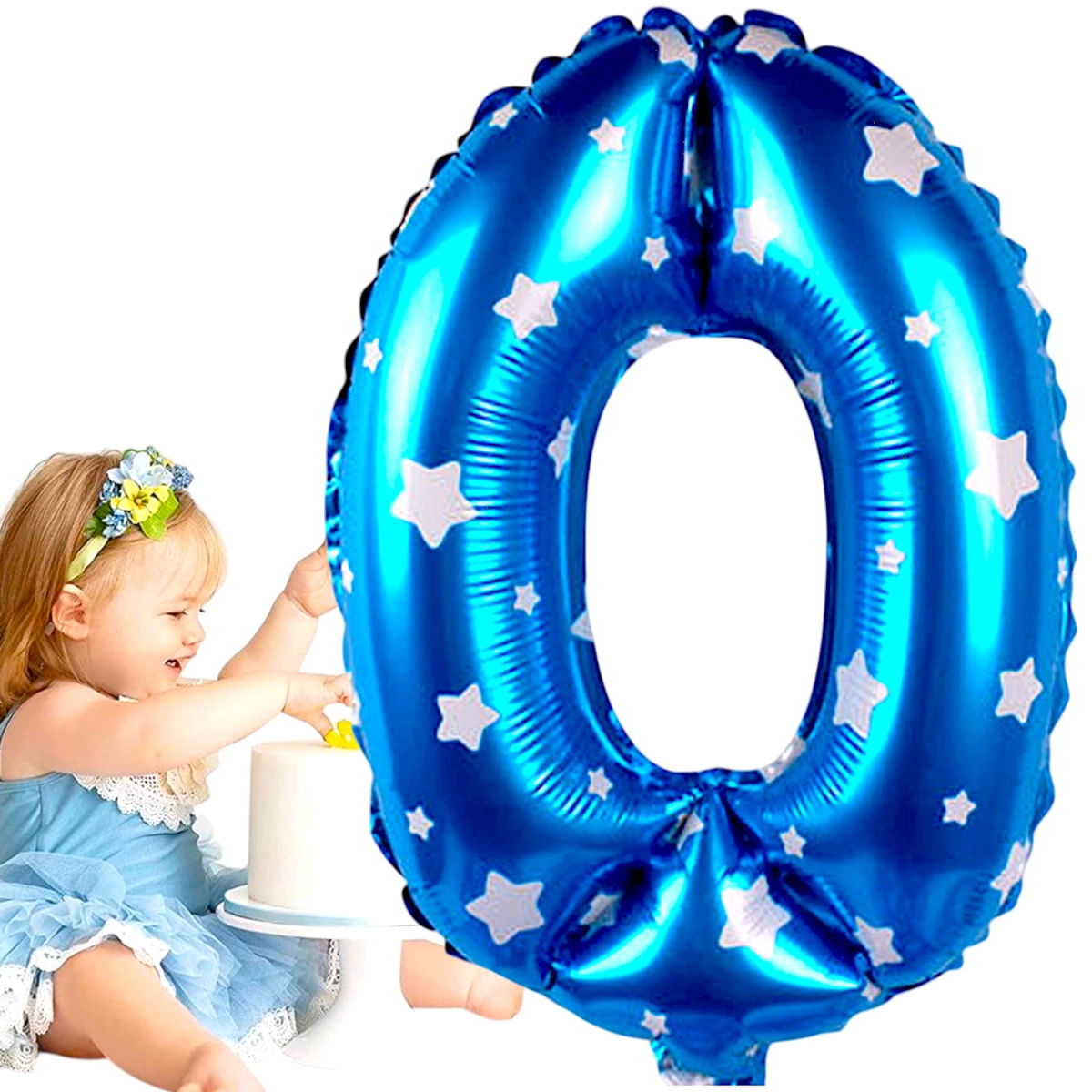 BALON FOLIOWY CYFRA 0 ZERO NIEBIESKI W GWIAZDKI NA URODZINY DLA DZIECI 80cm