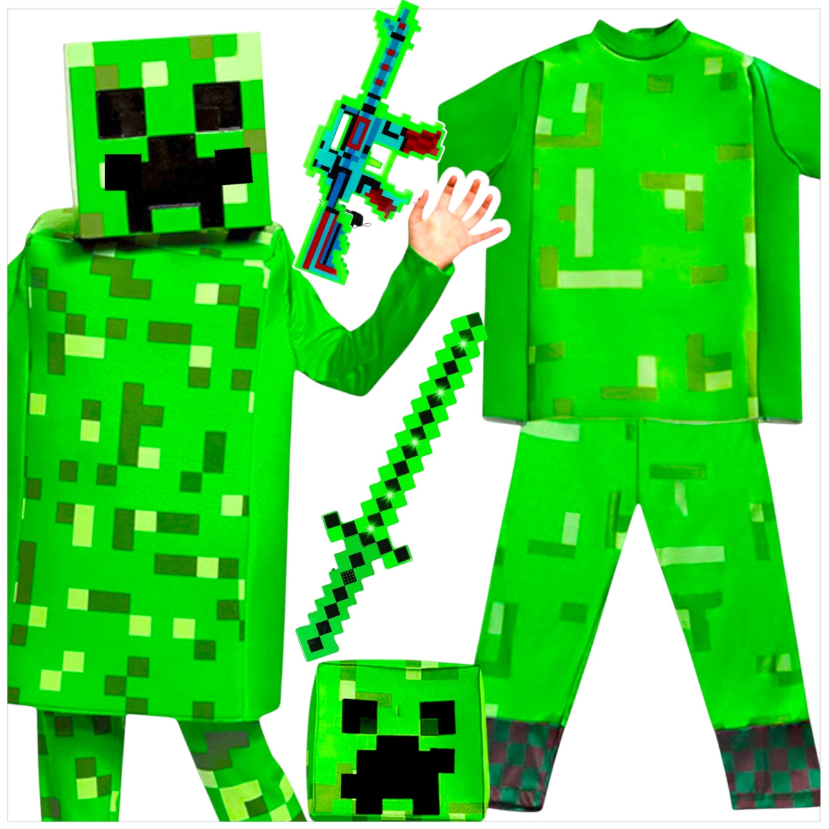 MINECRAFT Strój dla chłopca CREEPER / kostium na bal rozmiar L 130-140 cm + miecz + karabin