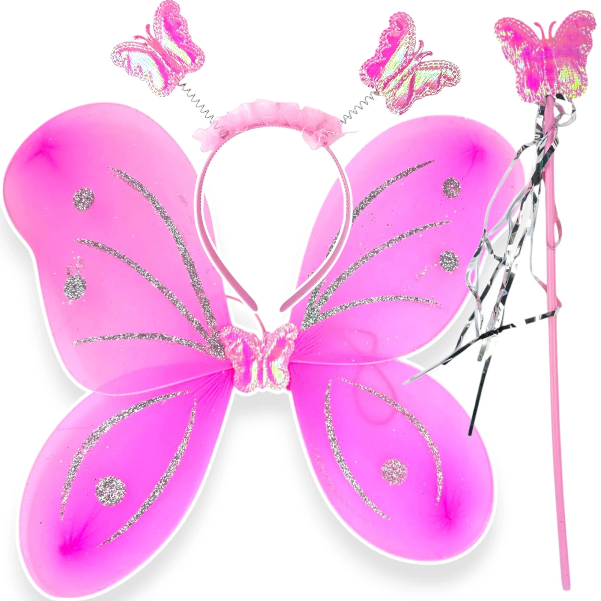 STRÓJ MOTYLKA DLA DZIEWCZYNKI SKRZYDEŁKA RÓŻDŻKA OPASKA MOTYLEK ZESTAW 3w1