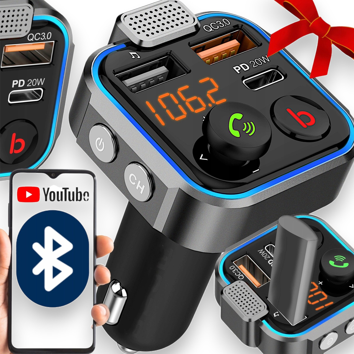 TRANSMITER BLUETOOTH 5.0 FM ŁADOWARKA USB PD 20W MOCNY MIKROFON NA PREZENT 